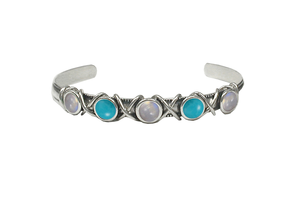 Sterling Silver Cuff Bracelet With Rainbow Moonstone And Turquoise